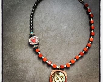 Wood Bezel Owl Beaded Necklace