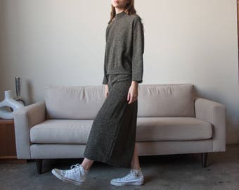 metallic knit skirt set / black gold mock neck sweater and skirt / maxi skirt set / m / l / 2820t / B5