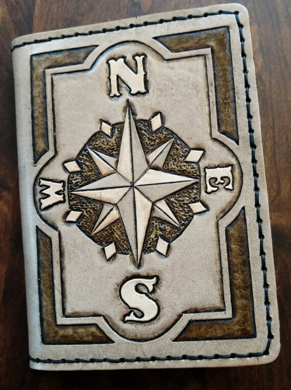 Hand Tooled Leather Passport Cover with Compass Rose