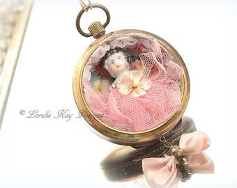 Pretty in Pink Rose Frozen Charlotte Pocketwatch Necklace Miniature Doll Diorama Pocket Watch Pendant Lorelie Kay Original