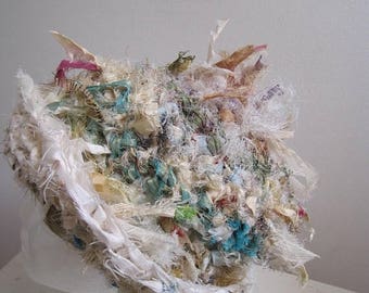EARLY FALL SALE cream white hat pastel hat blue cream hat brimmed hat sari scrap hat wild hat crocheted hat handmade hat upcycled fabric hat