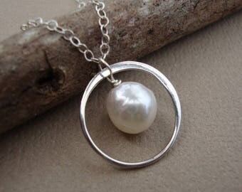 ON SALE Pearl Necklace, Halo Necklace, Akoya Pearl Necklace on STERLING Silver, Circle Pearl Necklace, Wedding Accessory, Bridesmaid Jewelry