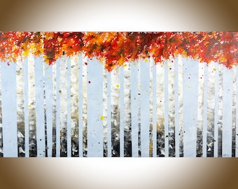 Abstract painting original artwork Birch tree painting on canvas large wall art by qiqigallery