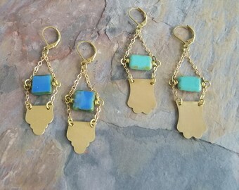 Brass Scroll Chain Earrings, Gold Dangles, Turquoise Blue, Periwinkle, Boho Bohemian