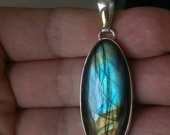 RAINBOW LABRADORITE Pendant! Blue, Gold, and Peach Flash! Top Colorful Labradorite Necklace in 925 Silver. Large Labradorite Necklace