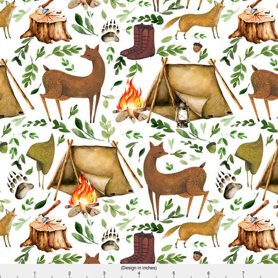 Woodland Camping Fabric Let's Go Camping By Shopcabin Camping Hiking Nature Tent Outdoors