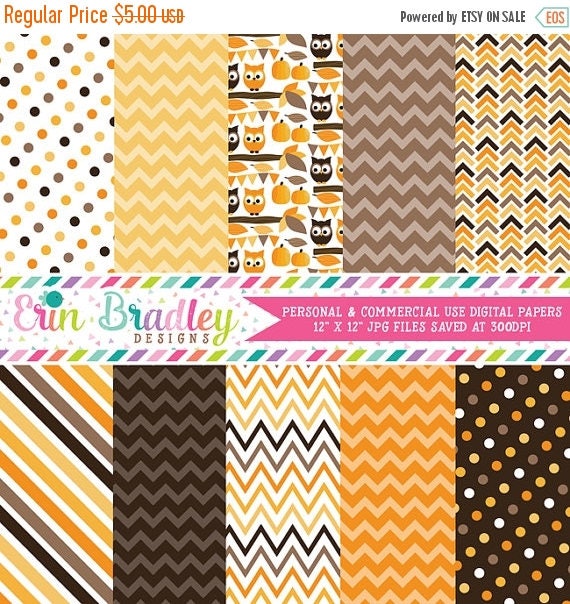 80% OFF SALE Autumn Owls Orange Brown and Yellow Digital Paper Pack Instant Download Il_570xn