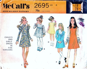 Vintage Sewing Pattern 1970s Girls Dress Hipsterkid Size 6 Childs Dress Long Gathered Puff Sleeves 5 Styles 70s Fashion DIY Simplicity 7519