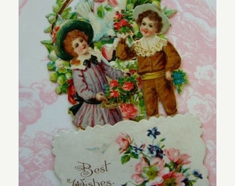 ONSALE Antique German Die Cut Valentine 1900s Pop Up Victorian Pink Roses Mechanical Stand Up Valentine
