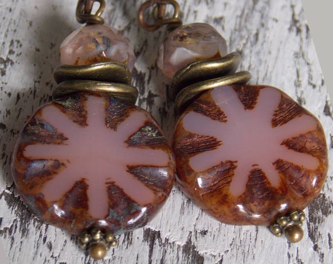 Opal Mauve Starburst Earrings Czech Glass Beaded Earrings Rustic Woodland Earthy Bead Pink Boho Dangle Drop Earrings