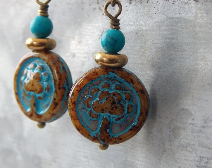 Turquoise Glass Earrings Brass Drop Dangle Rustic Woodland Coin Earrings Turquoise Boho Tree of Life Earrings Rustic Jewelry