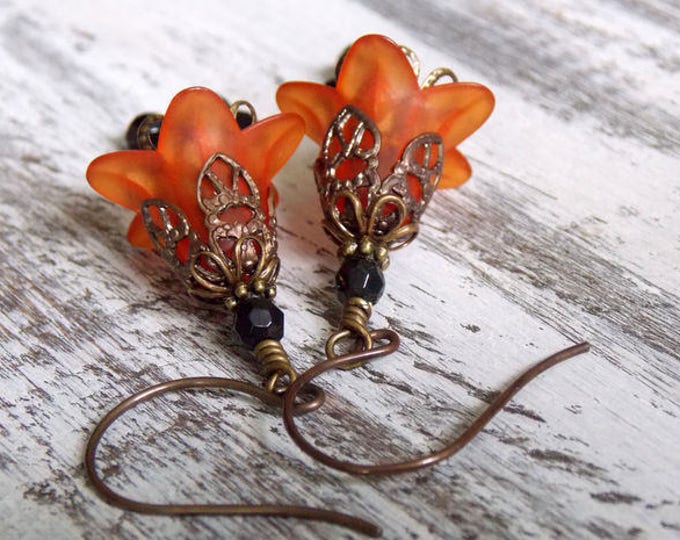 Tulip Flower Orange Black Bell Lucite Flower Earrings Swarovski Crystals Halloween Fall Filigree Brass Czech Glass Light Earrings Gift