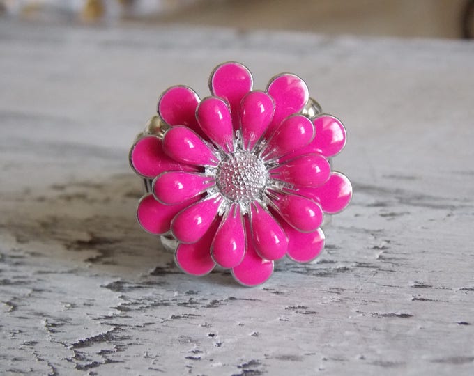 Large Flower Stretch Ring Silver Enamel Color Pink Yellow Red Fashion Cocktail Ring Large Flower Jewelry Trendy