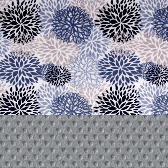 60 x 70 Blooms Minky Adult Blanket Flowers Blue Gray Navy / Flower Blanket / Coral Throw / Twin Blanket / Personalized Gift