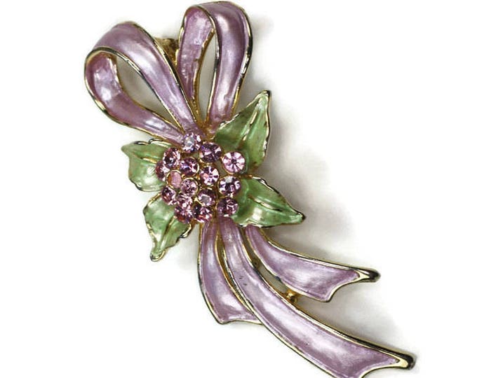 Enameled Lavender Bow Brooch Lavender Rhinestones Green Accents Vintage