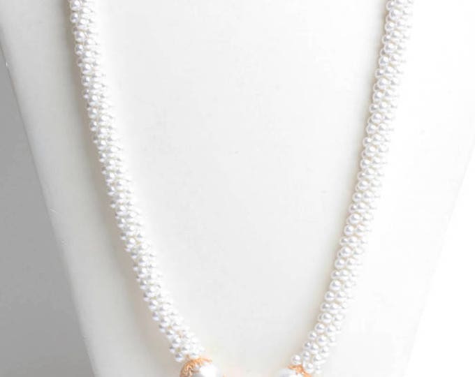 Faux Pearl Woven Necklace Long Flapper Style Gold Tone Accents