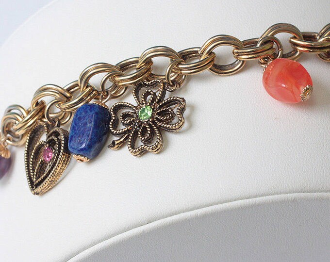 Vintage Charm Bracelet Double Chain Link Rhinestones Faux Gemstones Heart Four Leaf Clover Horseshoe Stars