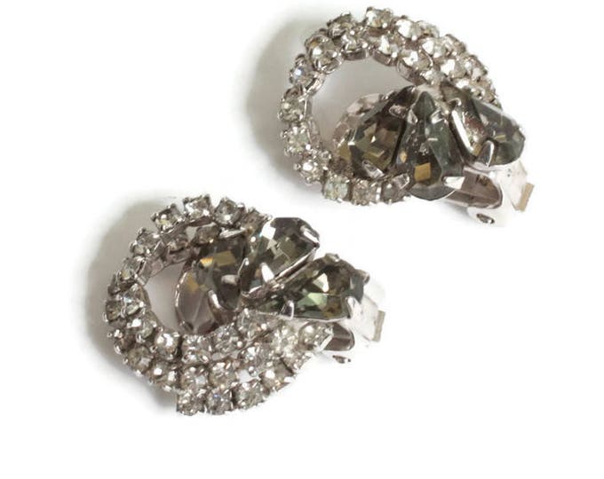 Vintage Rhinestone Clip On Earrings Clear Chatons Smoky Gray Pear Stones