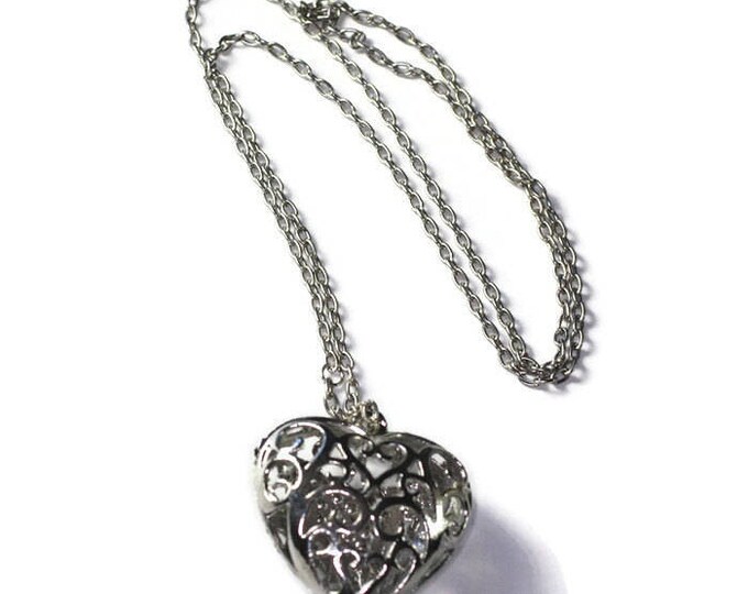 Filigree Heart Pendant Necklace Clear Rhinestones Chunky 28 Inch Chain Vintage