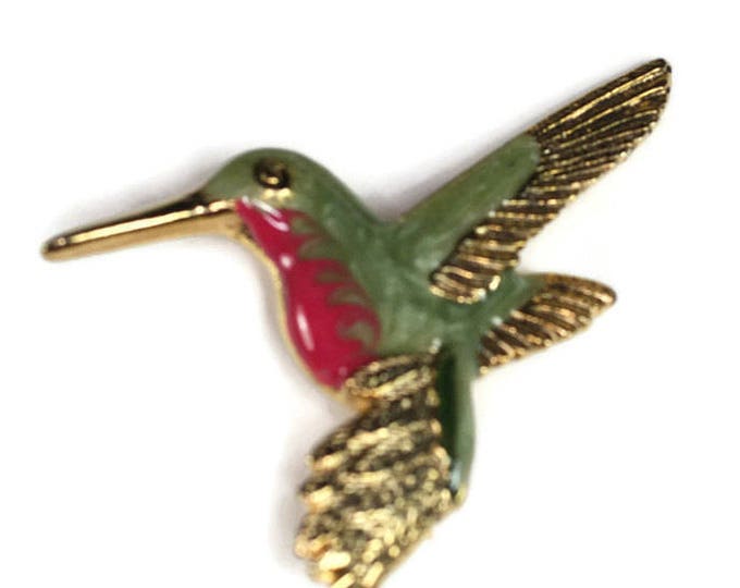 Enameled Hummingbird Pin Green Red Brooch Vintage