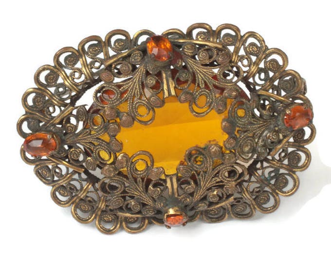 Czech Topaz Glass Filigree Brooch Oval Shape