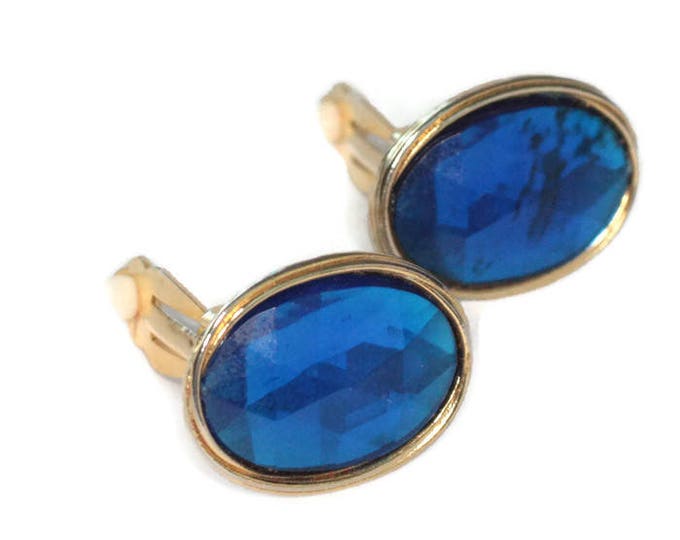 Blue Oval Clip On Earrings Gold Tone Large Chunky Bold Vintage