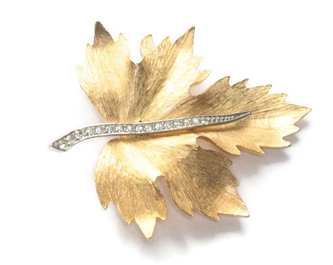 Gold Tone Maple Leaf Brooch Dimensional Clear Rhinestone Accents Vintage