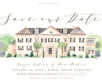 Wedding Venue Illustration - Custom House Portrait, Watercolor Save the Date Card , Invite, Engagement Announcement, Painting - by Reani