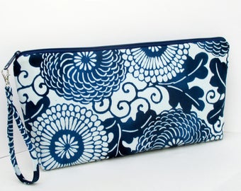 Knitting Project Bag, Large Zipper Pouch, Indigo Blue Asian Mumm