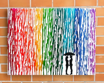 Lesbian Wedding Gift, Lesbian Art, Rainbow Raindrops Melted Crayon Art Wax Painting, Lesbian Girlfriend Gift, Couple Silhouette Art, 16x20