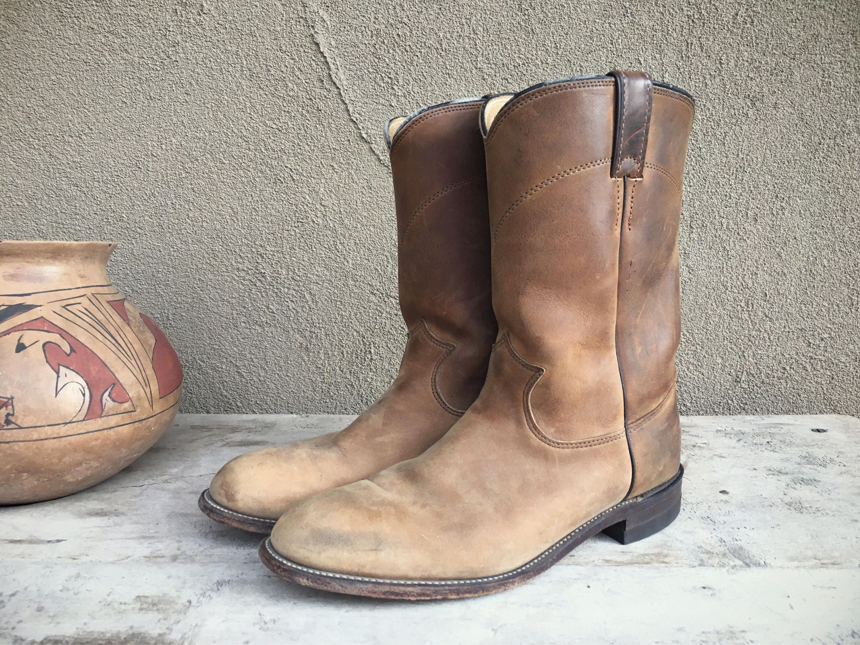 Vintage cowboy boots Women's size 9 B distressed leather Justin Ropers ...