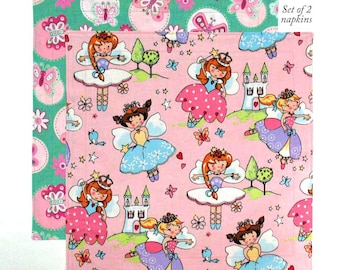 Kids Cloth Napkins 12 Inch Fabric Lunch Box Napkins for Girls Fairy Princess, Set of 2