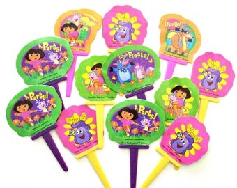 Dora Cupcake Toppers Stickers Dora Birthday Party Cake Toppers Favors Decor, Set of 12 Dora The Explorer Cupcake Picks