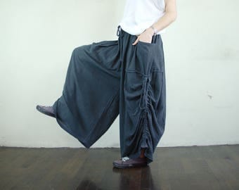 Love Me..Love Me Not IV - Steampunk Dark Charcoal Gray Cotton Wide Leg Pants With 2 Roomy Pockets & Side Ruching