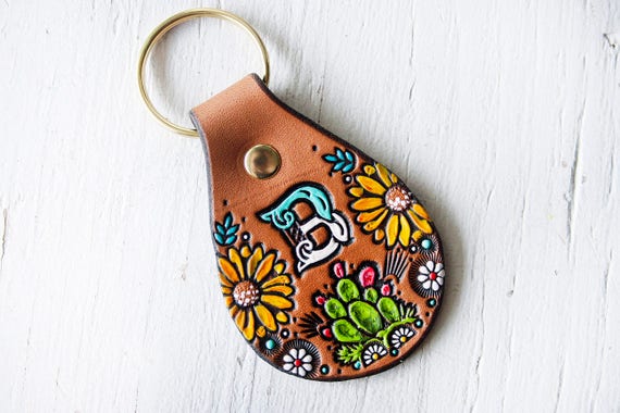 Download Custom initial leather key fob Cacti and Sunflowers Pattern
