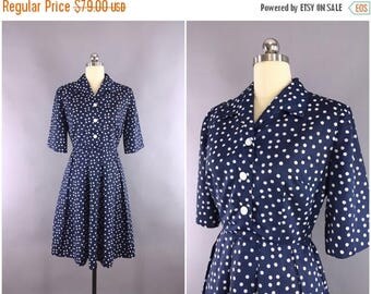 FLASH SALE - Vintage 1950s Dress / 50s Day Dress / 1950 Navy Blue Polka Dots Shirtwaist Dress / Size Medium M 6 8