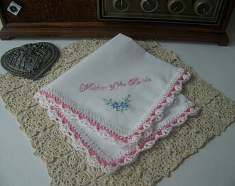Mother of the Bride Handkerchief, Hanky, Hankie, Mom, Hand Crochet, Lace, Pink, Floral, Personalized, Custom, Ready to ship