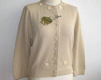 Vintage 50s Deadstock Orlon Beaded Pin Up Girl Cardigan Sweater
