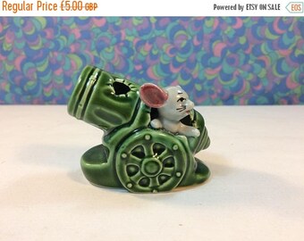 FINAL 50% OFF Vintage Mouse in Cannon Ornament Figurine Ceramic 1960s 1970s Mid Century Japan