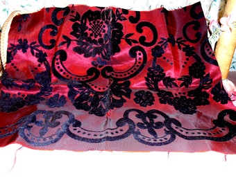 Vintage Fabric Remnant Velvet flocked Burgundy