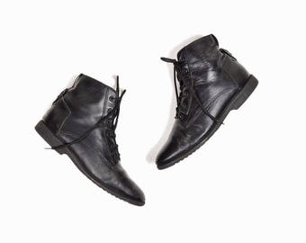 Vintage 90s Black Leather Boots / Women's Buckle Back Ankle Booties - women's 6.5