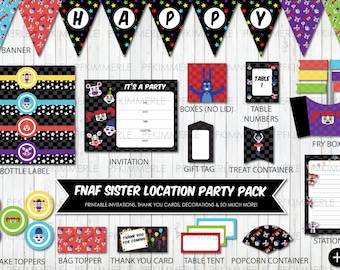 Five Nights at Freddy, Sister Location, Party Pack, Birthday Party Decorations, Circus Baby, Funtime Freddy, Foxy, Ballora, DIY, Checker