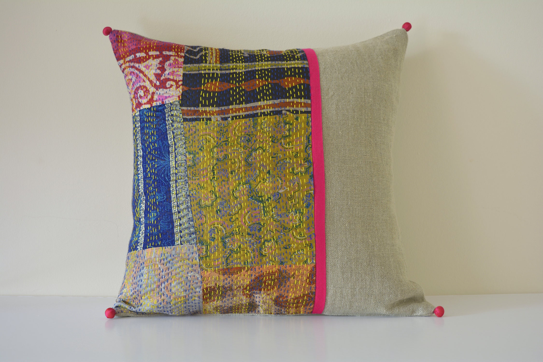Bright Vintage Kantha Patchwork Cushion Cover Recycled