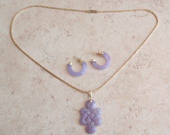 Purple Jade Necklace Hoop Earring Set 14K Gold Vintage 122116BT