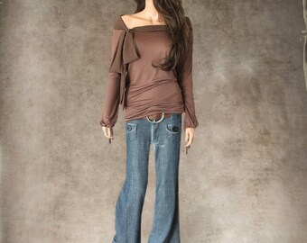 Off shoulder top/adjustable bow shirt/blouson long sleeve