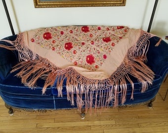Vintage Piano Shawl Scarf Pink fringe embroidered