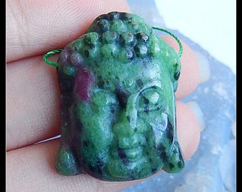 Carved Ruby And Zoisite Gemstone Buddha Head Bead,30x24x9mm,13.5g(f0046)
