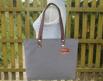 On Sale 20% off Gray tote bag, personalized canvas shoulder bag, leather strap diaper bag, women's bag, unique travel bag