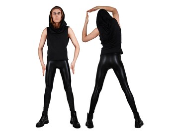 Men's Shiny Black Leather-Look Leggings, Meggings, Glam Rock Stage Wear, 80's Heavy Metal Clothing, Spandex Pants, by LENA QUIST