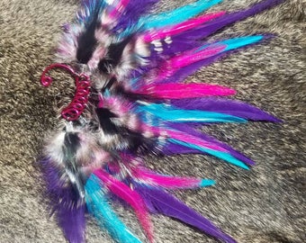 Feather Ear Cuff - Pink Purple Blue Black - Left Ear